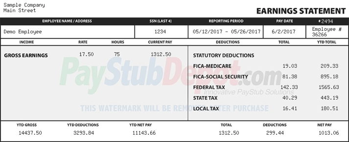 Example of a paystub showing overtime calculation.
