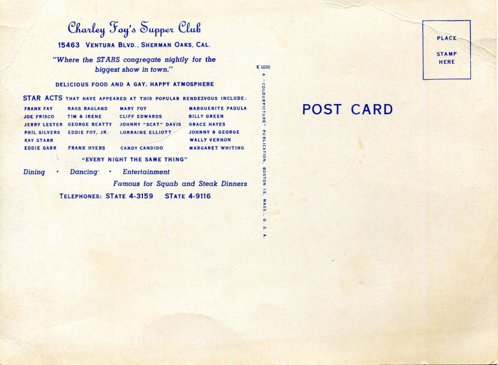 Foy's supper club postcard