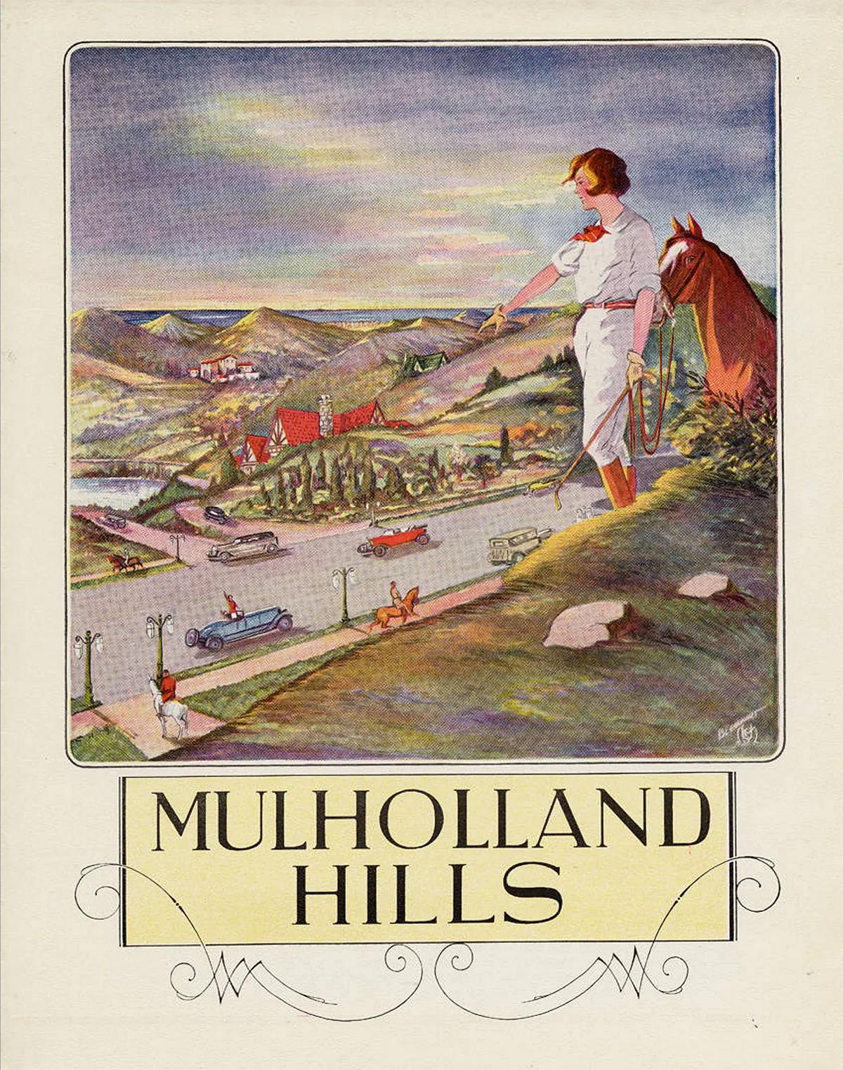 Vintage illustration of woman and horse overlooking developed Mulholland Hills landscape